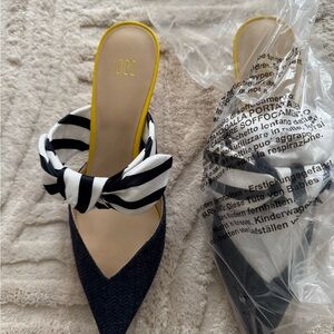 CAbi Navy and White Striped Mules with Yellow Accent